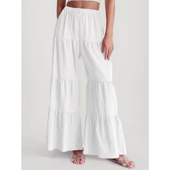 Relaxed Chic Tiered Flare High Waist Resort Crinkle Wide Leg Pants