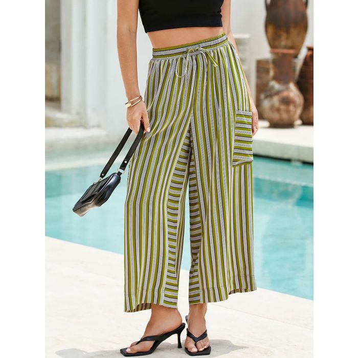 Vibrant Striped Tie High Waist Cargo Pocket Resort Wide Leg Pants