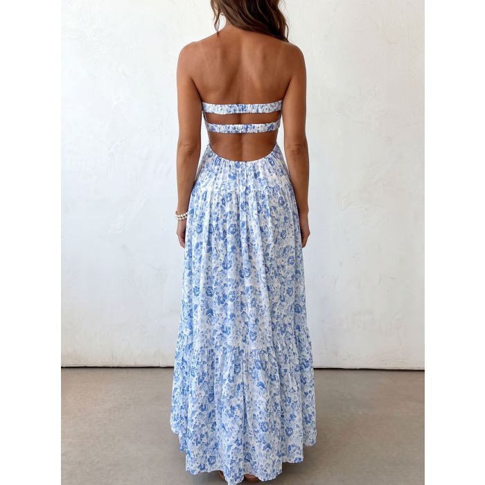 Relaxed Floral Twisted Strapless Empire Waist Resort Babydoll Maxi…