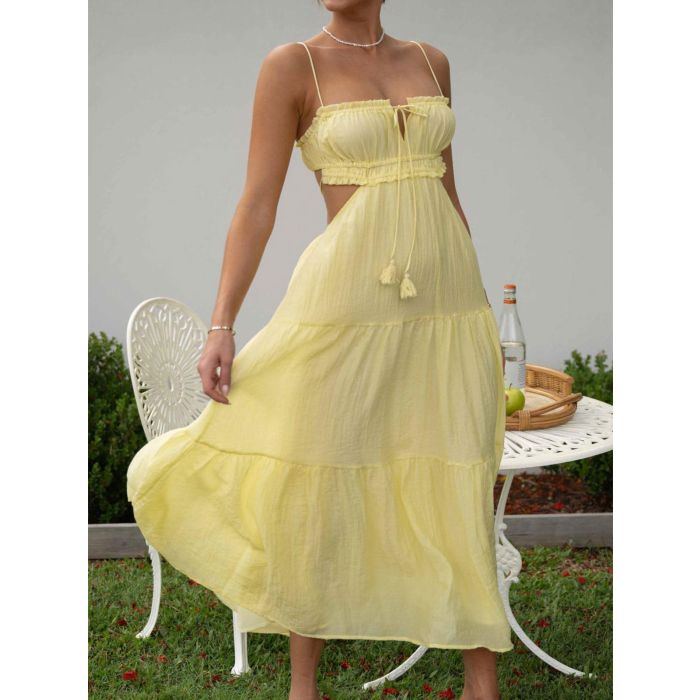 Flattering Ruffle Tie Neck Cutout Resort Crinkled Tiered Midi Sundr…