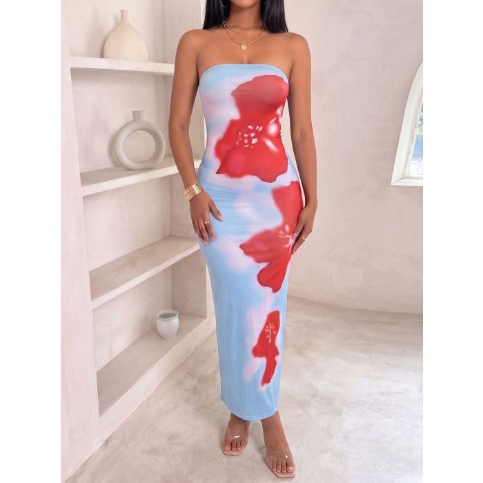 Vibrant Contrast Watercolor Floral Resort Column Strapless Maxi Dre…