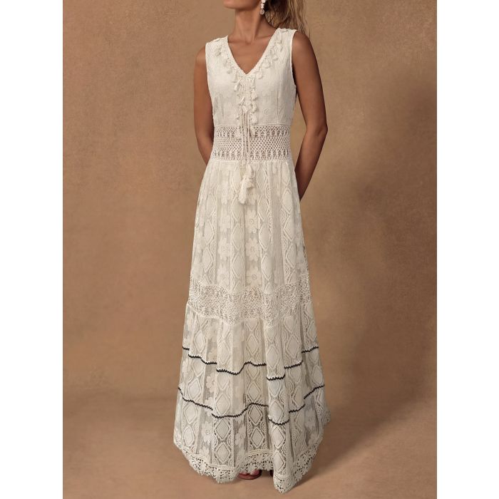 Relaxed Fringe V-Neck Crochet Floral Lace Resort Sleeveless Maxi Dr…