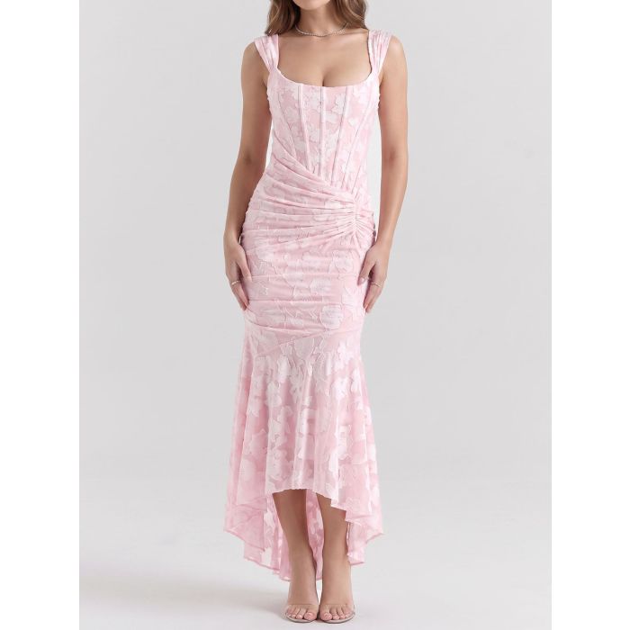 Romantic Floral Square Neck Ruched Corset Resort High Low Fishtail…