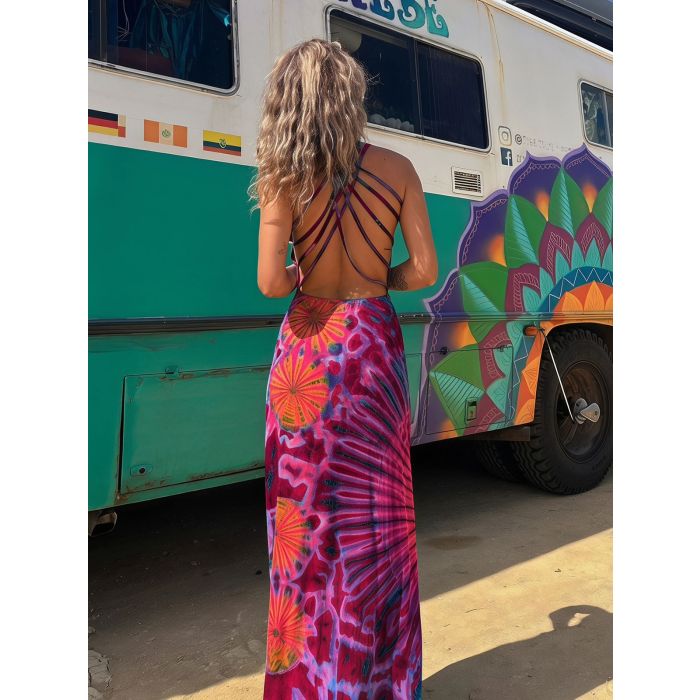 Sunburst Tie Dye Criss Cross Back Resort Summer Tank Maxi Dress