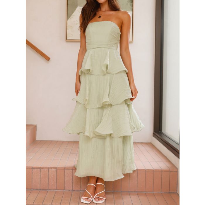 Flowy Strapless Smocked Back High Waist Resort Tiered Ruffle Maxi D…