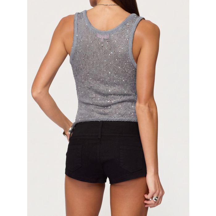 Sparkly Sequin Scoop Neck Resort Roll Hem Knit Tank Crop Top