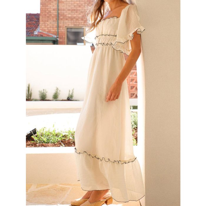 Dreamy Square Neck Contrast Ruffle Resort Puff Sleeve Midi Dress