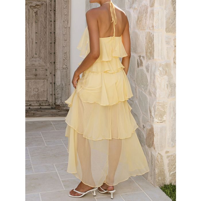 Flowy Halter Tie Layered Ruffle Summer Resort Chiffon High Low Dress