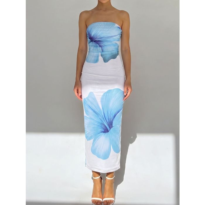 Summer Resort Column Strapless Watercolor Floral Printed Maxi Dress