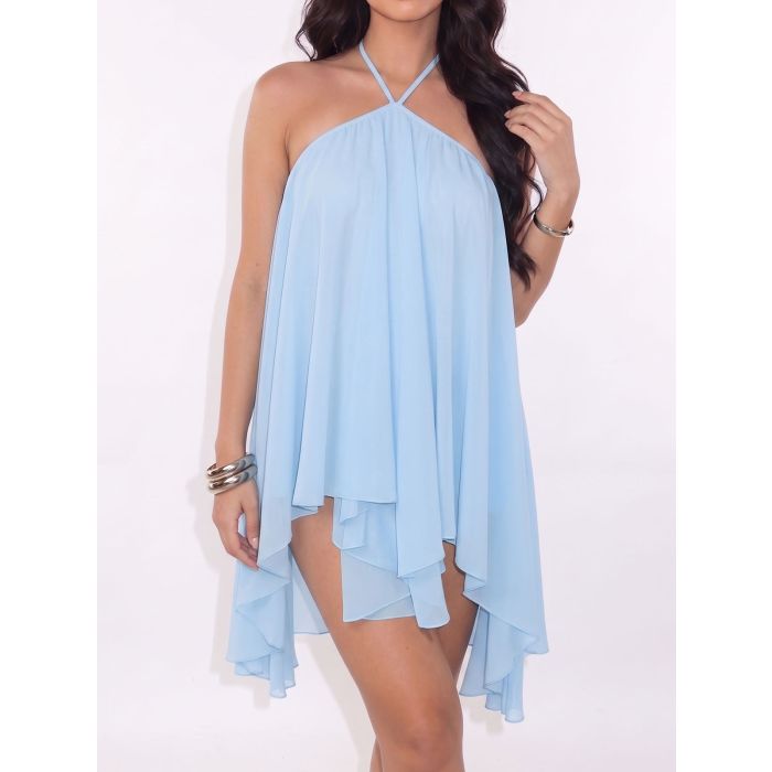 Flowy Halter Tie Open Back Resort a Line Layered Chiffon Mini Dress