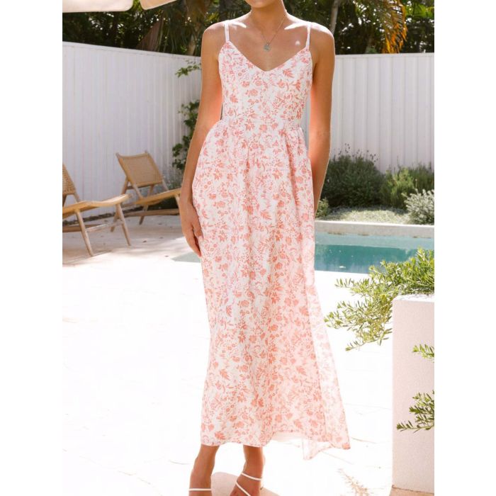 Playful Bow Tie V-Neck Drop Waist Resort Floral Slip Midi Dress