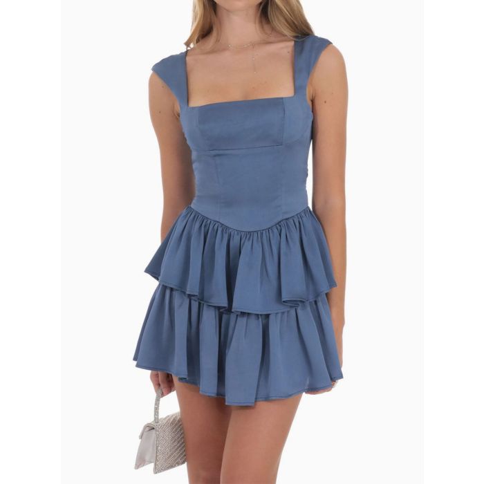 Playful Square Neck Cap Sleeve Resort Layered Ruffle Mini Dress