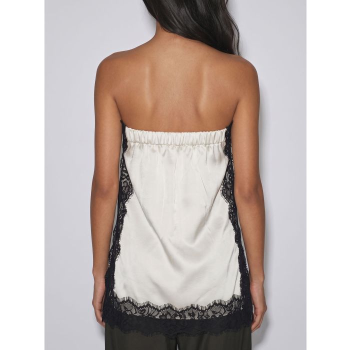 Feminine Floral Lace Strapless Side Slit Resort Longline Satin Top