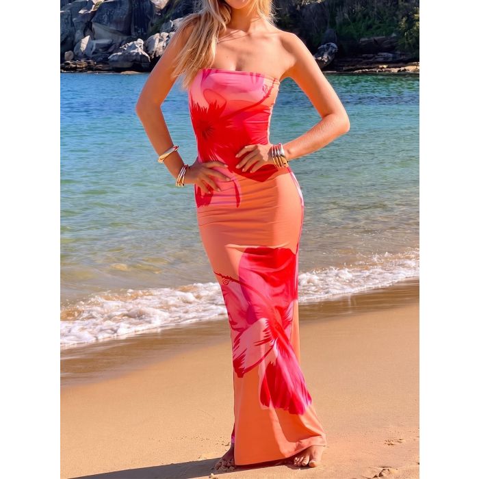 Summer Resort Column Strapless Watercolor Floral Printed Maxi Dress