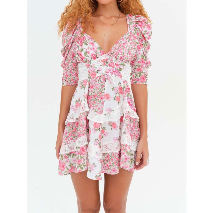 Resort Floral Pleated V-Neck Lace Ruffle Tiered Puff Sleeve Mini Dr…