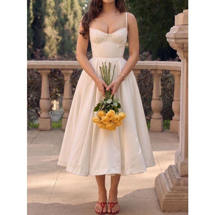 Elegant Sweetheart Fit Flare Tulle Layer Resort Satin Slip Midi Dre…