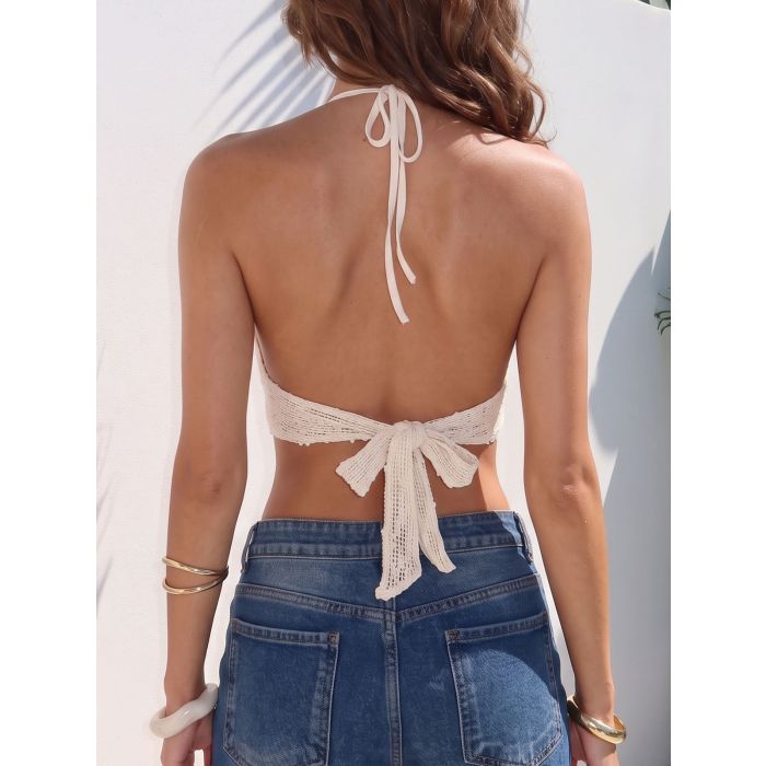 Sparkly Metallic Ring Cutout Resort Crochet Knit Plunge Halter Top