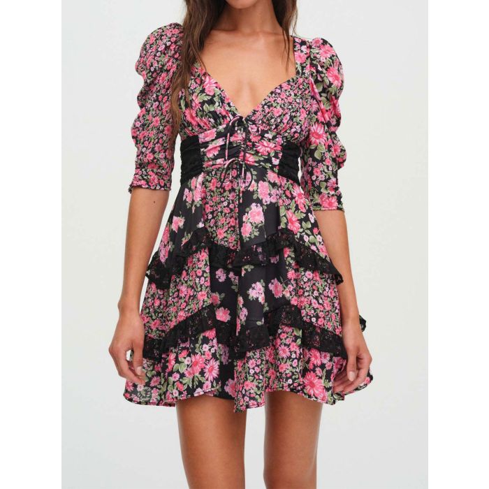 Resort Floral Pleated V-Neck Lace Ruffle Tiered Puff Sleeve Mini Dr…