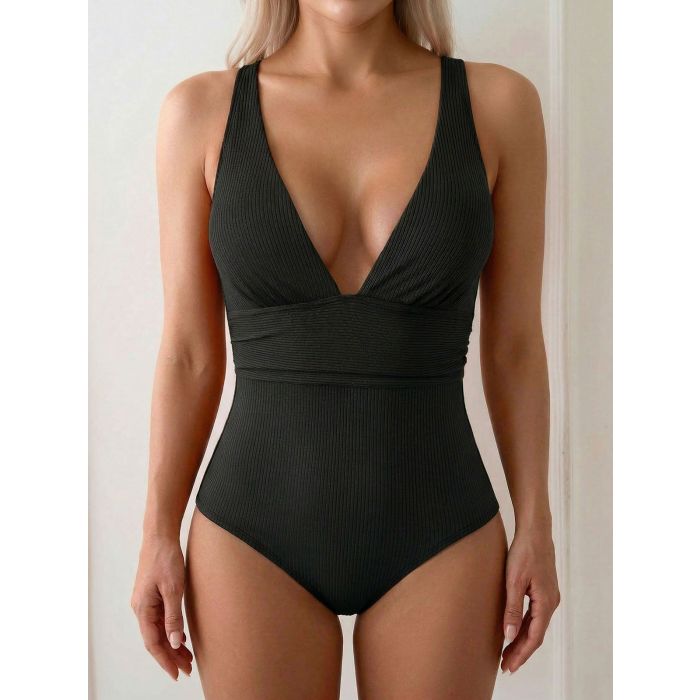 Active Deep V Wide Strap Ruched Moderate One-Piece Swimsuit
