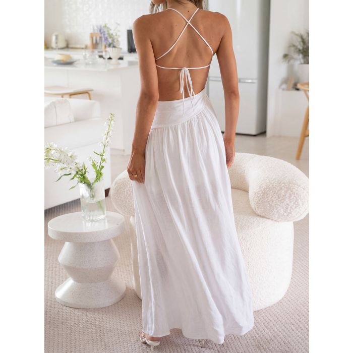 Asymmetrical Cutout Tie Back Ruched Resort High Slit Midi Sundress