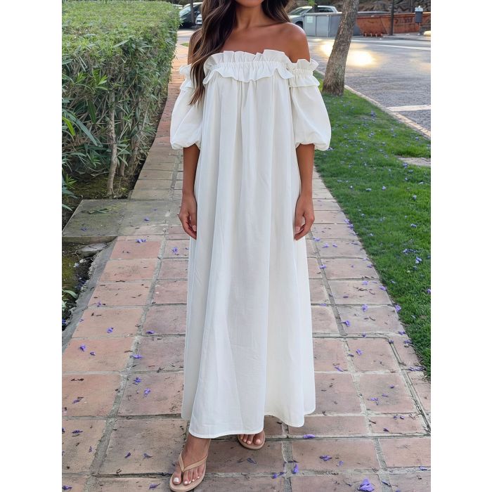 Breezy Ruffle Off Shoulder Oversized Resort Lined Cotton Midi Dress