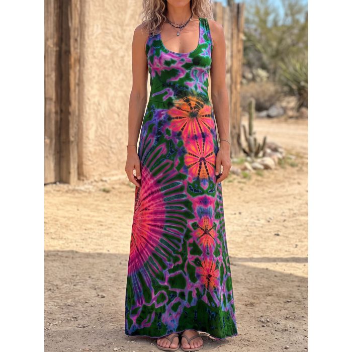 Sunburst Tie Dye Criss Cross Back Resort Summer Tank Maxi Dress