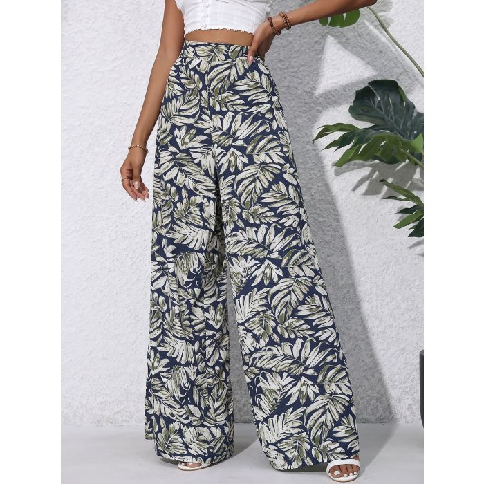Tropical Leaf High Waisted Wide Leg Resort Chiffon Palazzo Pants