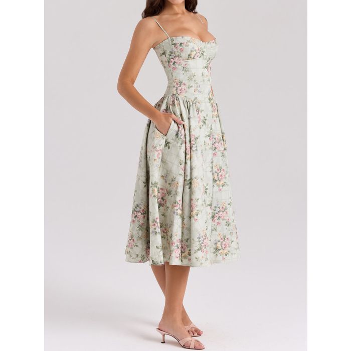 Romantic Floral Bustier Corset Ruched Drop Waist Resort Slip Midi D…