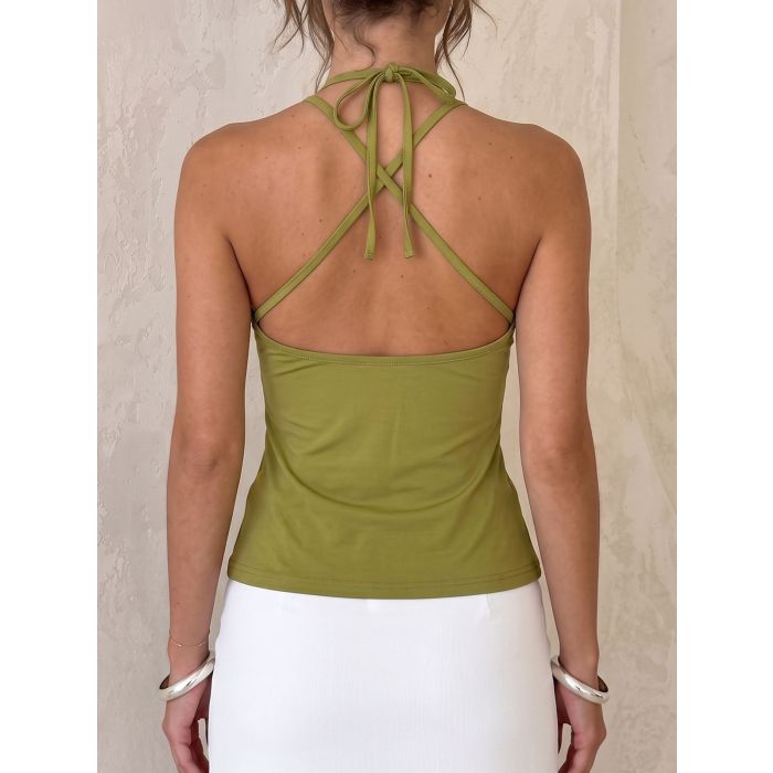 Breezy Ruched Plunge Halter Cross Back Resort Crop Tank Top