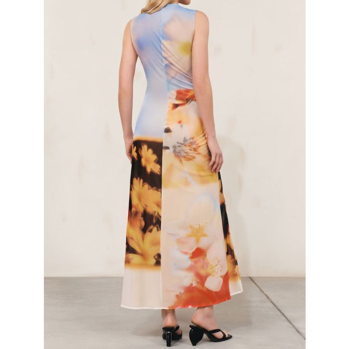 Watercolor Floral Crew Neck Ruched Tie High Slit Sleeveless Maxi Dr…