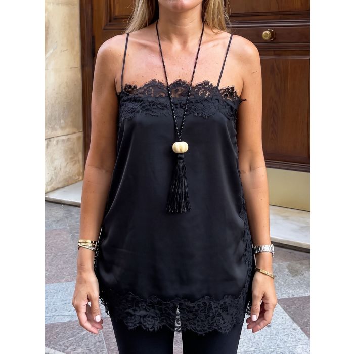 Luxury Lace Square Neck Side Slit Resort Longline Cami Satin Top