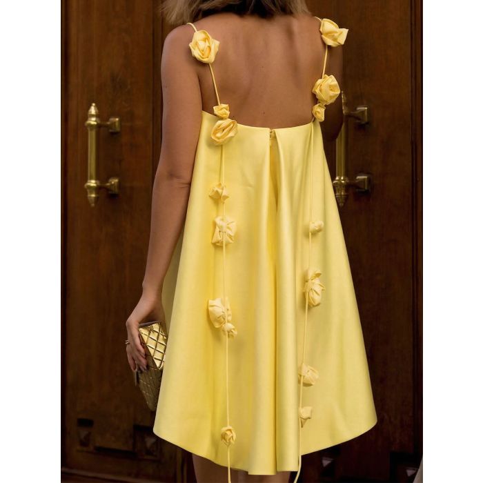 Sparkly Satin 3D Flower Spaghetti Strap Resort High Low Mini Sundre…