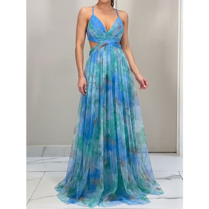 Flowy V-Neck Watercolor Floral Mesh Sleeveless Wrap Cutout Maxi Dre…