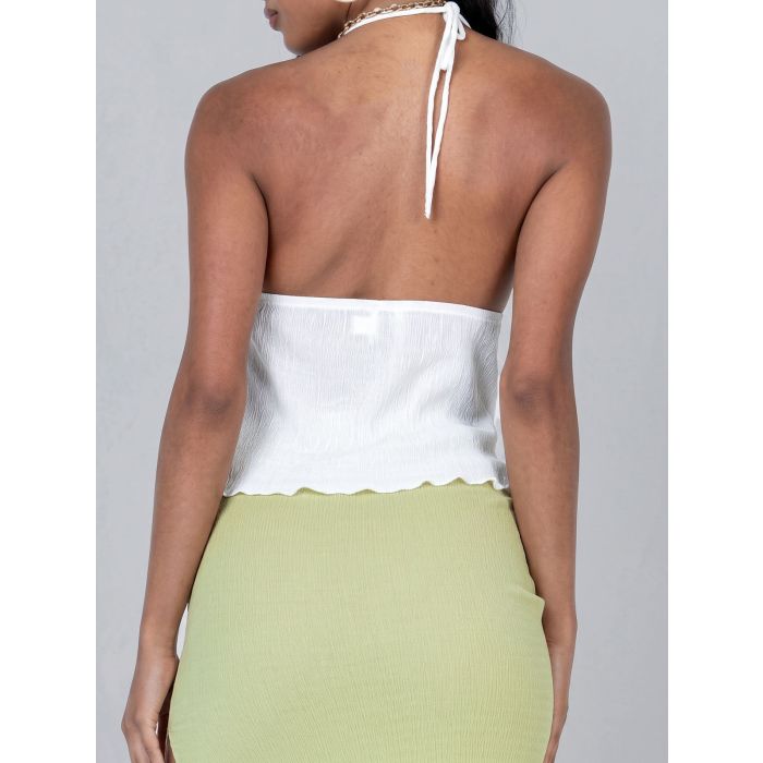 Playful Plunge Halter Neck Tie Front Slit Summer Resort Plisse Crop…