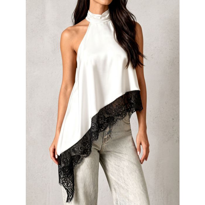 Asymmetrical Scalloped Lace Resort High Neck Silky Satin Top