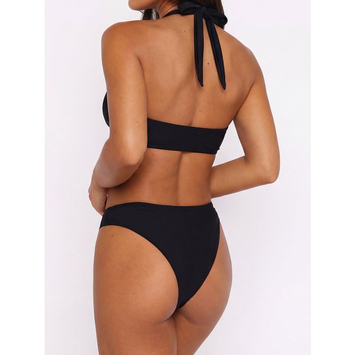 Active High-Leg High-Cut Deep V Banded Halter Two-Piece Bikini Set