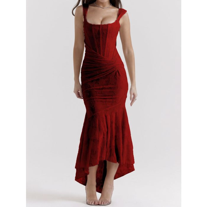Romantic Floral Square Neck Ruched Corset Resort High Low Fishtail…