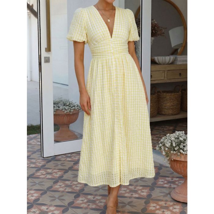 Elegant V-Neck Ruched Waist Resort Seersucker Puff Sleeve Midi Dress