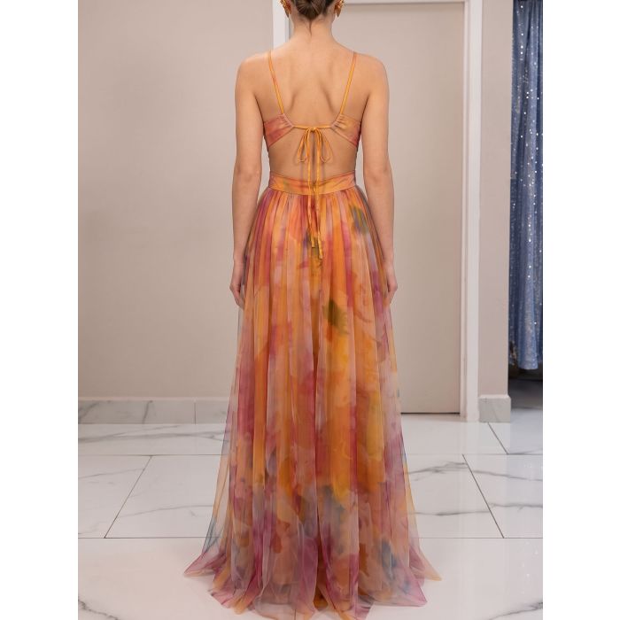 Flowy V-Neck Watercolor Floral Mesh Sleeveless Wrap Cutout Maxi Dre…