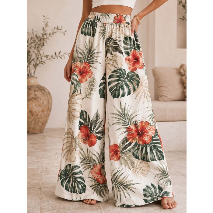 Breezy High Waist Wide Leg Tropical Resort Palazzo Pants