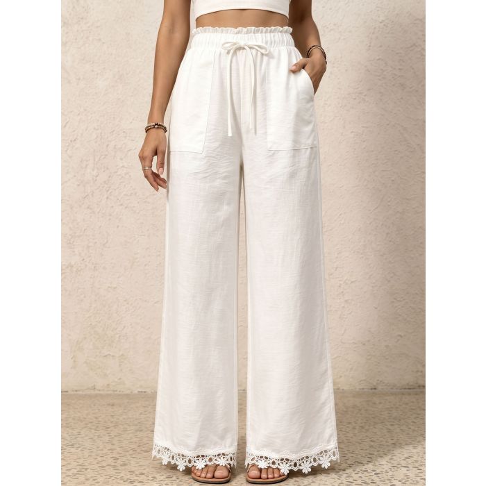Relaxed Front Tie High Waist Pocket Lace Wide Leg Resort Pants
