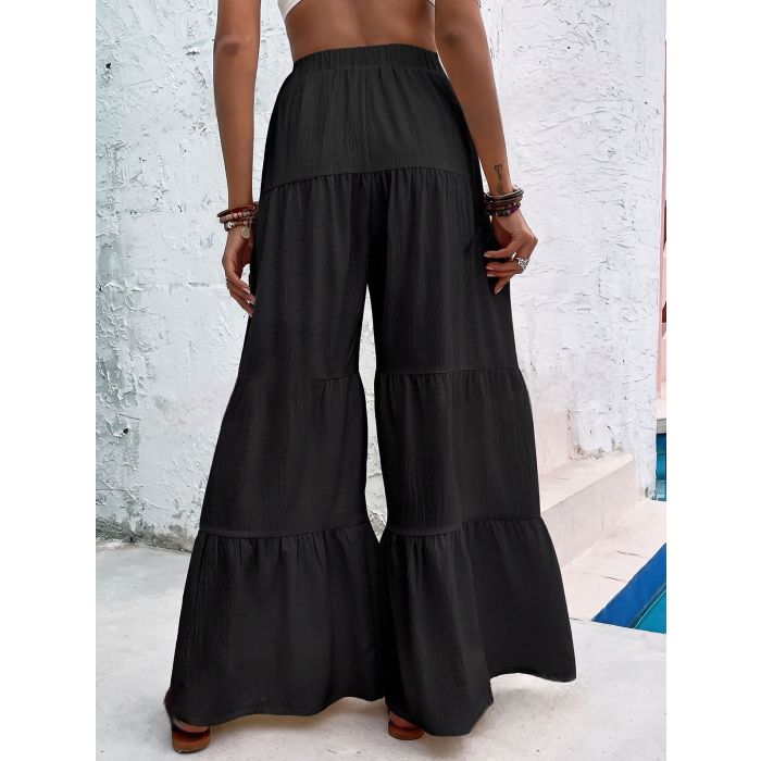 Relaxed Chic Tiered Flare High Waist Resort Crinkle Wide Leg Pants