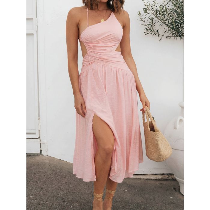 Asymmetrical Cutout Tie Back Ruched Resort High Slit Midi Sundress