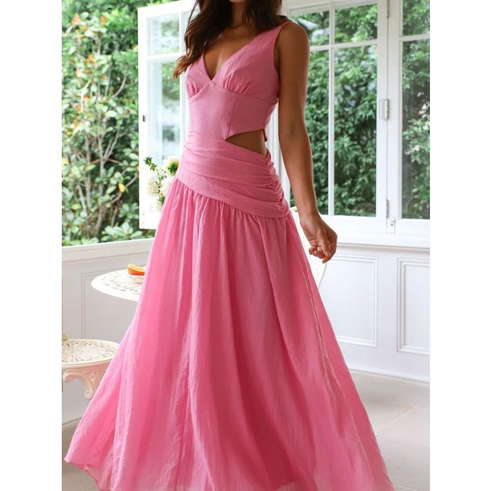Asymmetrical V-Neck Draped Waist Resort Cutout Maxi Sundress