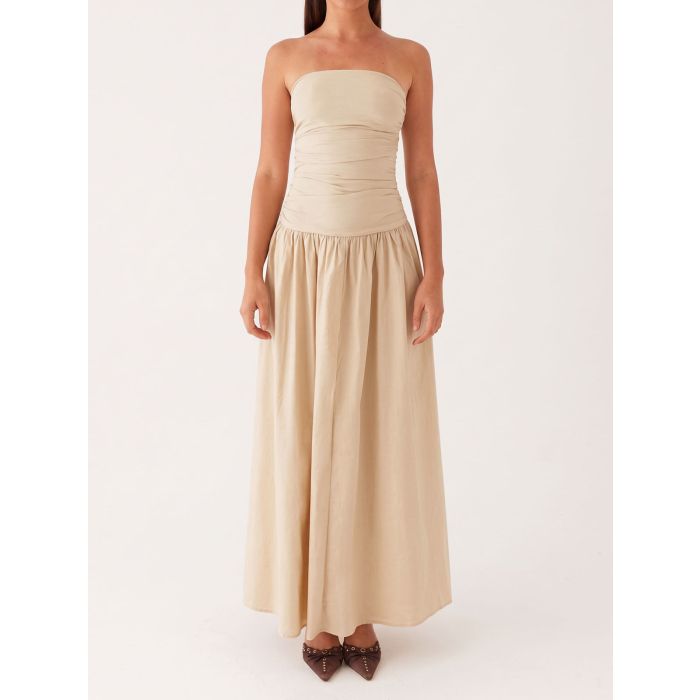 Breezy Ruched Strapless Drop Waist Resort Fit Flare Maxi Dress