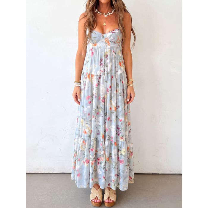 Relaxed Floral Sweetheart Empire Waist Resort Babydoll Cami Maxi Su…