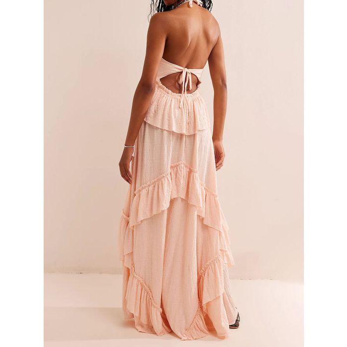 Relaxed Halter Tie Back Tiered Ruffle Resort Crinkled Babydoll Maxi…
