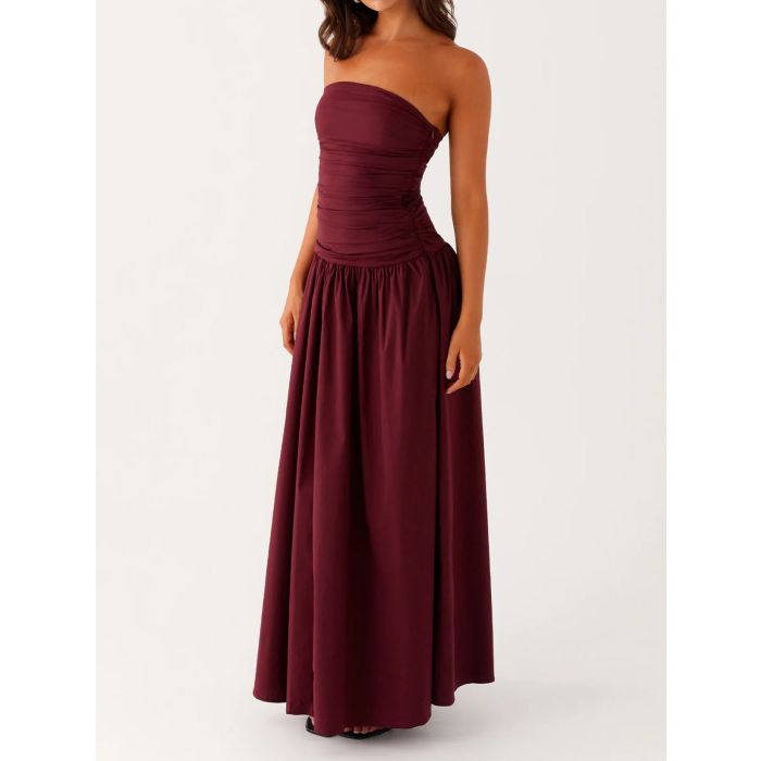 Breezy Ruched Strapless Drop Waist Resort Fit Flare Maxi Dress