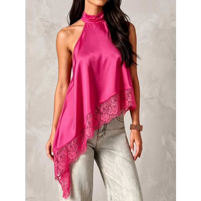 Asymmetrical Scalloped Lace Resort High Neck Silky Satin Top