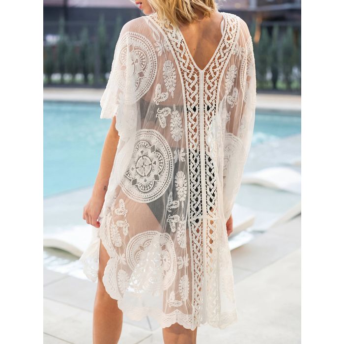 Flowy V-Neck Short Sleeve Embroidered Lace Mini Beach Cover-Up